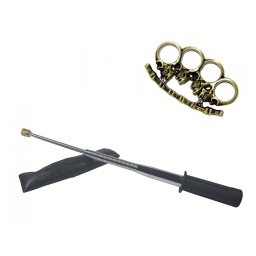 Set baston telescopic flexibil argintiu, maner cauciuc, 47 cm si pumnal/box crani