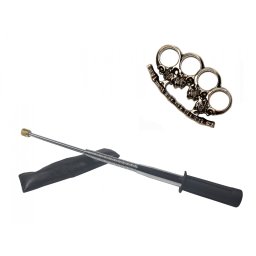 Set baston telescopic flexibil argintiu, maner cauciuc, 47 cm si pumnal craniu