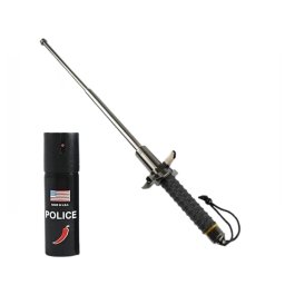 Set baston telescopic cu buton si ciocan si spray autoaparare chili DEPOX®, husa inclsa, 24-67 cm/60 ml