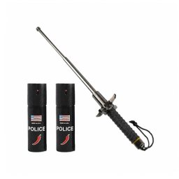 Set baston telescopic cu buton si ciocan si 2 x spray autoaparare chili DEPOX®, husa inclsa, 24-67 cm/60 ml