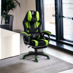 Scaun de gaming negru-verde, cu suport picioare si perna de masaj, max 150 kg, 61x116-123 cm, JollyMag, KO23ZIE