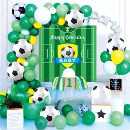 Kit aranjament baloane fotbal, fundal happy birthday, latex si folie de aluminiu, 59 piese