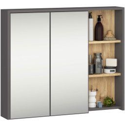 Dulap de baie suspendat cu oglinda, 2 usi si 3 rafturi interioare, PAL 16 mm, 90x15x75 cm, gri si stejar artisan