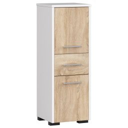 Dulap de baie tip baza, cu 2 usi si sertar, PAL 16 mm, 30x30x85 cm, alb si stejar sonoma