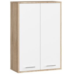 Dulap baie suspendat, cu 2 usi si 4 rafturi interioare, PAL 16 mm, 64x30x94 cm, stejar sonoma si alb