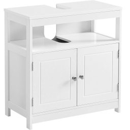 VASAGLE Dulap baie 60x30x60 cm, 2 usi, compartiment deschis, stil scandinav, alb mat