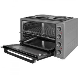 Cuptor electric cu 2 plite Elite EMO-65302G, 2000W, 65 L, 3 functii, Sticla dubla, Termostat, Timer, Inox