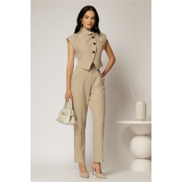 Compleu DY Fashion bej cu pantaloni si vesta cu nasturi asimetrici