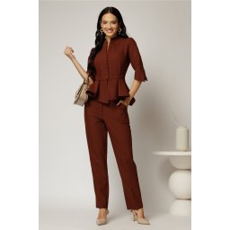 Compleu DY Fashion caramiziu cu sacou cu peplum si inchidere cu nasturi