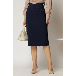 Fusta midi bleumarin office cu nasturi pe talie