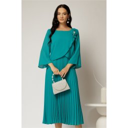 Rochie midi verde de ocazie cu fusta clos plisata si detaliu la bust