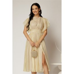 Rochie DY Fashion bej din voal creponat si insertii de dantela la bust