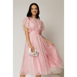 Rochie DY Fashion roz din voal creponat si insertii de dantela la bust