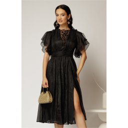 Rochie DY Fashion neagra din voal creponat si insertii de dantela la bust
