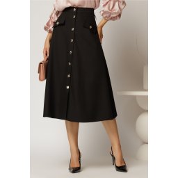 Fusta DY Fashion neagra midi clos cu nasturi si capace