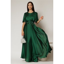 Rochie lunga verde de seara din voal cu accesoriu in talie