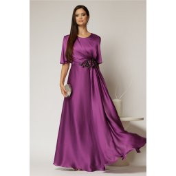 Rochie lunga mov de seara din voal cu accesoriu in talie