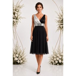 Rochie eleganta ,nuanta de argintiu-negru cu cristale in talie (Marime: 42, Culoare: NEGRU)