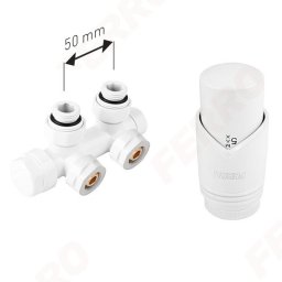 Set robinet dublu coltar pt. radiator tip-V cu alim. din perete, reversibil (stanga sau dreapta) si cap termostatat GT30, alb