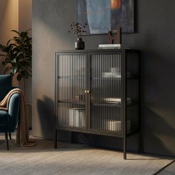 Vitrina sideboard din otel negru cu 2 usi din sticla, 100x80x30 cm