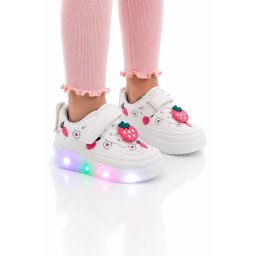 Pantofi sport cu lumini LED, Model Capsunele, Piele ecologica, fete, alb