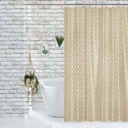 Perdea de Dus Jacquard Model Romburi, Bej, Marime 180 180 cm, Poliester si Polipropilena, 12 Inele Incluse
