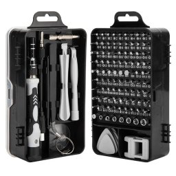 Surubelnite pentru Reparea Telefoanelor, Flippy, Set 115-in-1 Cromate, Demontarea Repararea Ceasurilor, Electronicelor Mici, Maner detalii Albe, 18 x 11 x 6 cm, Negru