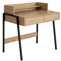 Birou compact cu 2 sertare si raft, cadru metalic, stejar artisan