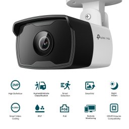 Camera IP Bullet TP-Link VIGI, 2MP Full HD, IR 30m, lentila fixa 2.8mm, PoE, H.265+, Smart Detection AI persoane si vehicule, IP67, VIGI C320I(2.8MM)