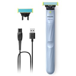 Aparat de ras Philips Aparat de ras PHILIPS OneBlade First Shave QP1324/30, pentru piele sensibilÄ, 2 lame Anti-Friction, 30 min, cablu USB-A, Albastru