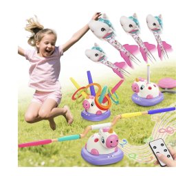 Joc interactiv de miscare 3 in 1 Unicorn cu lansator de rachete, sarituri si aruncare de inele