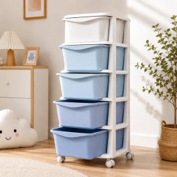 Dulap organizator din plastic, 5 sertare depozitare, model nuante albastre, JollyMag, PO23, 97x38x37 cm