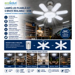 Lampa LED E27 65W cu 6 Brate Pliabile, 9000K, 45 cm, Lumina Rece