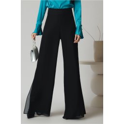 Pantaloni eleganti din voal negri cu dublura si crepeuri
