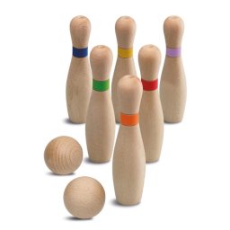 Joc din lemn bowling cu 6 popice, 2 bile, si un sac de transportat, Cayro, varsta 4 ani, Multicolor