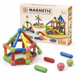 Set de constructie magnetic cu bile si bare colorate, 64 piese, 3 ani+