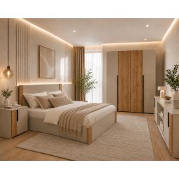 Dormitor OSLO , Set Complet cu Pat, Comoda, Dulap 4 UE i E i 2 Noptiere, Cashmere cu Stejar Auriu, PAL 18 mm
