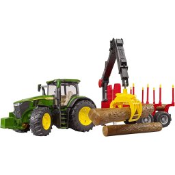 Jucarie Tractor BRUDER John Deere 7R 350m Remorca De Transport 4x Trunchiuri De Copac +36luni Verde/Rosu