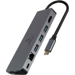 Docking Station Gembird universal, 5-in-1, conectare PC USB Type C, USB-C x 1, USB-A 3.1 x 3, porturi video HDMI x 1, PD 100 W, Audio, Argintiu