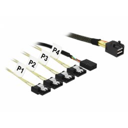 Cablu Mini SAS SFF-8643 > 4 x SATA 7 pini + Sideband 0.5m metal, Delock 83315