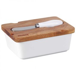 Cutie ceramica si cutit pentru unt Klausberg KB 7785, Capac lemn de salcam, Otel inoxidabil, Alb/Maro