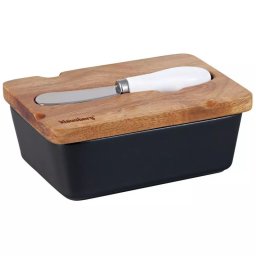 Cutie ceramica si cutit pentru unt Klausberg KB 7784, Capac lemn de salcam, Negru/maro