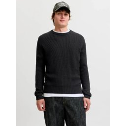 Jack & Jones Pulover tricotat barbati, decolteu la baza gatului, Regular Fit, JJPANNEL, Negru (SELECTATI MARIMEA: M)