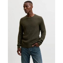 Jack & Jones Pulover tricotat barbati, decolteu la baza gatului, Regular Fit, JJPANNEL, Verde inchis (SELECTATI MARIMEA: M)