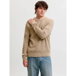 Jack & Jones Pulover tricotat barbati, decolteu la baza gatului, Regular Fit, JJPANNEL, Bej (SELECTATI MARIMEA: M)