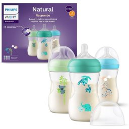 Set 3 Biberoane Philips Avent Natural Response 260 ml, Tetină Debit Mediu Debit 3, Design Tropical, 1M+, SCY903/73