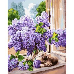 Set pictura pe numere, cu sasiu, Pisica in umbra liliacului, 40x50 cm
