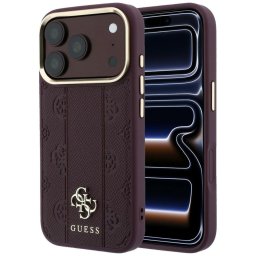 Husa Husa pentru iPhone 18 Pro Max / iPhone 17 Pro Max - Guess Leather Stripe Peony 4G MagSafe (GUHMP18X6PGSU4EU) - Burgundy