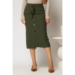 Fusta midi kaki din tricot cu nasturi si snur in talie