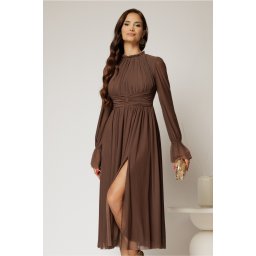 Rochie DY Fashion midi maro din tulle fin in clos cu crapatura pe picior